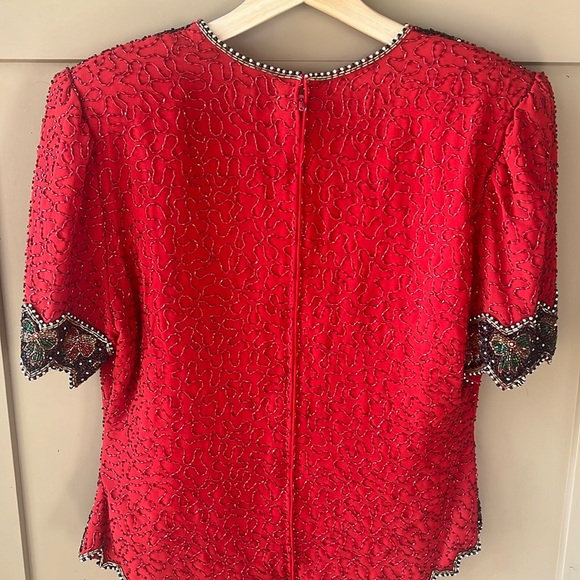 Vintage Laurence Kazar Sz M Allover Sequin Red Holiday Bow Novelty Trim Blouse - Picture 12 of 14